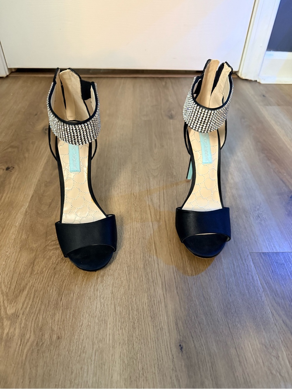 Betsey Johnson Black Open-Toe Heels with Rhinestone Ankle Cuff